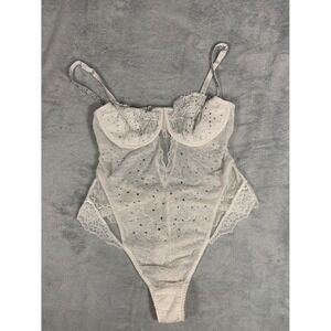 Victoria's Secret Bedazzled Bodysuit XL White Lace Cutout Detail Underwire Cups